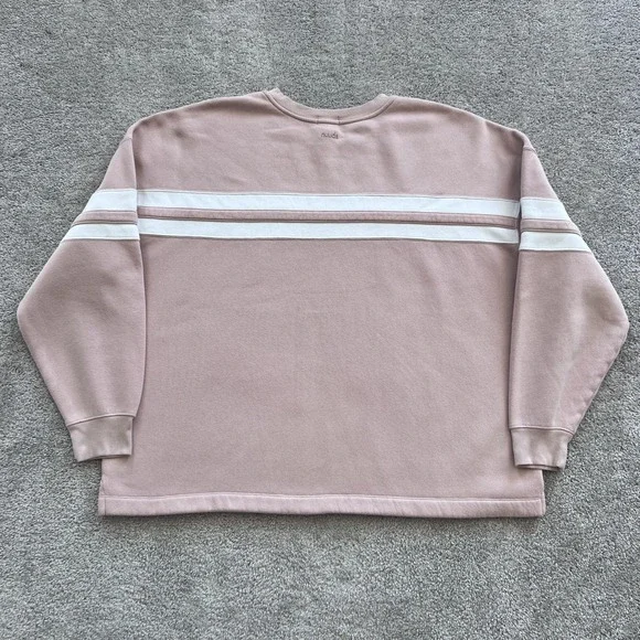 Nuuds Striped Crewneck Sweatshirt Womens XL Pink Fleece Varsity Logo Pullover - Picture 2 of 16